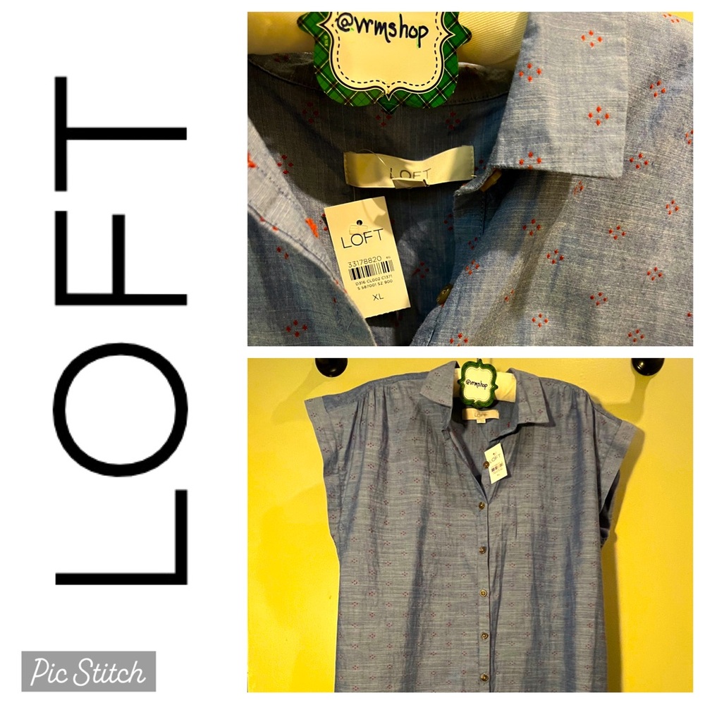 NWT LOFT Adorable Embroidered Denim-look Shirt Dress, Cap sleeves, with lining